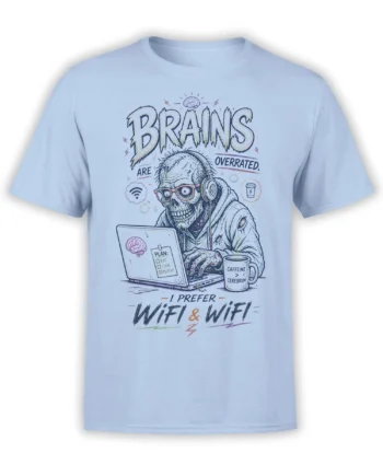 Light blue zombie T-shirt with a headphone-wearing skull using a laptop beside coffee and Wi-Fi humor