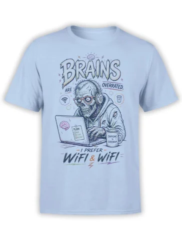 Light blue zombie T-shirt with a headphone-wearing skull using a laptop beside coffee and Wi-Fi humor