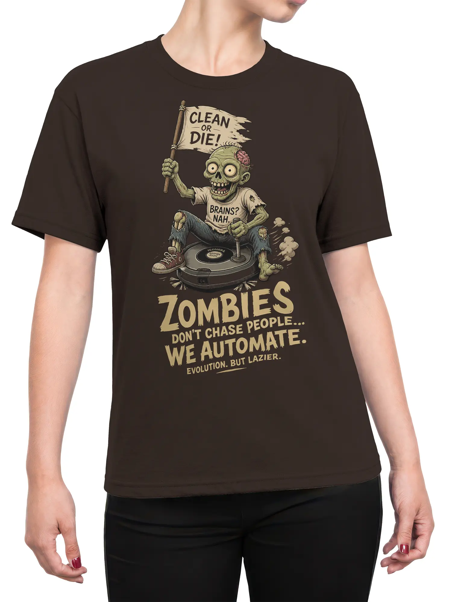 Female torso wearing a brown zombie graphic tee with robot vacuum and lazy evolution artwork