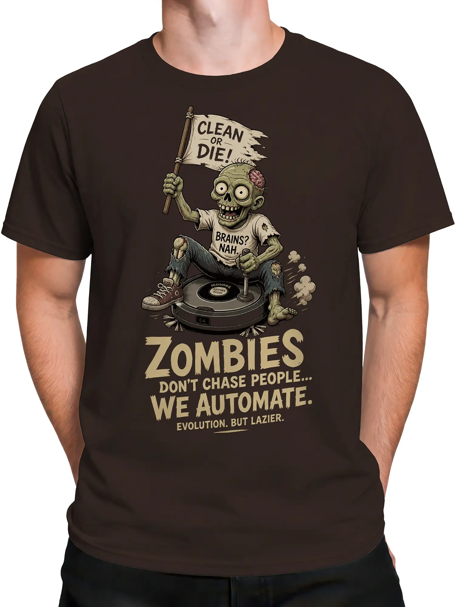 Male torso wearing a brown zombie T-shirt with automatic cleaning humor artwork