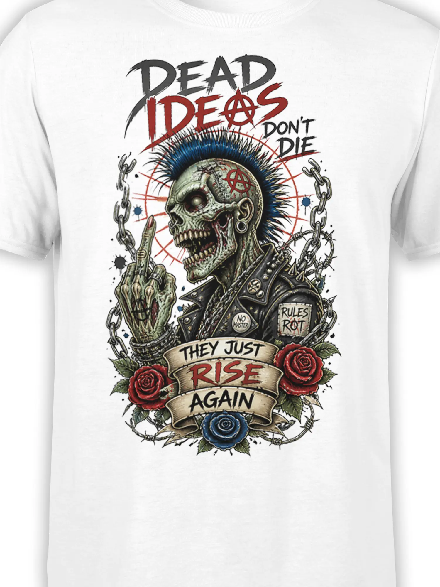 Close-up of punk skull artwork with blue mohawk, roses, chains, and anarchy symbols on a white T-shirt
