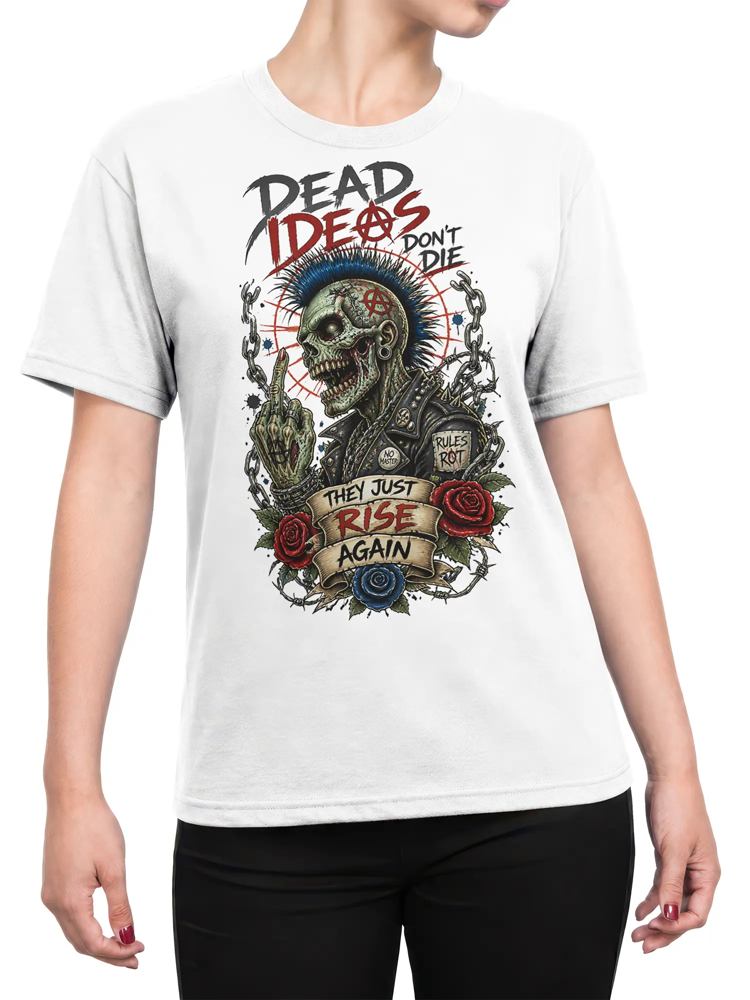 Female torso wearing a white T-shirt with a rebellious punk skull, chains, roses, and blue mohawk graphic