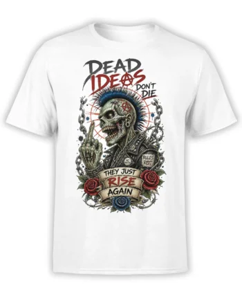 Punk skull with blue mohawk, chains, roses, and “Dead Ideals” design on a white T-shirt