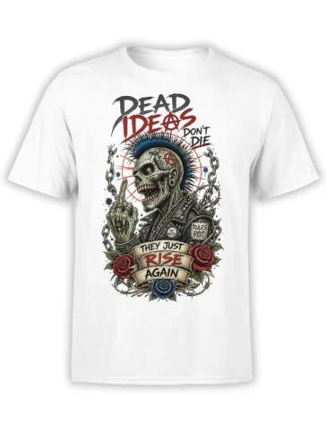 Punk skull with blue mohawk, chains, roses, and “Dead Ideals” design on a white T-shirt