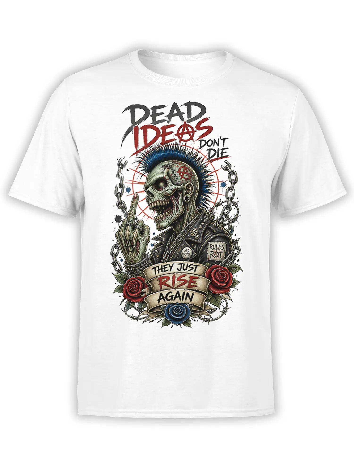 Punk skull with blue mohawk, chains, roses, and “Dead Ideals” design on a white T-shirt