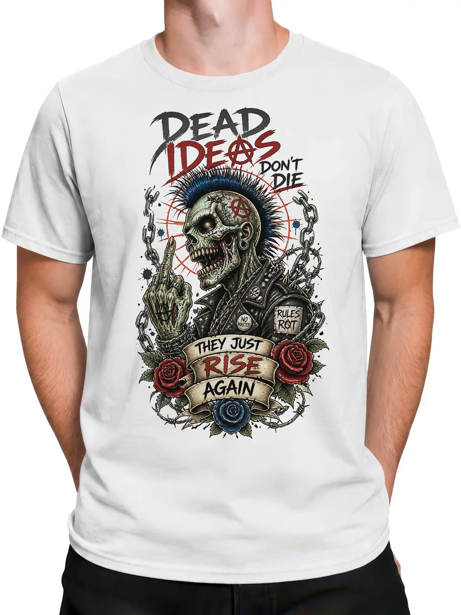 Male torso wearing a white punk skull T-shirt with chains, roses, anarchy symbols, and blue mohawk