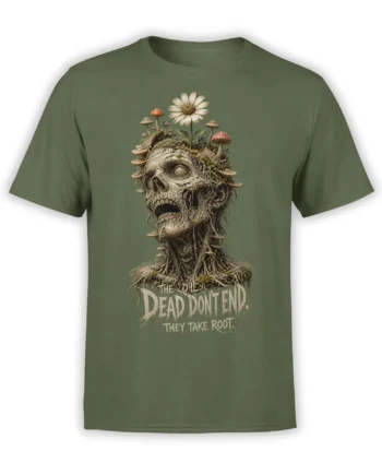 Rooted undead skull with mushrooms and a daisy on a green graphic T-shirt