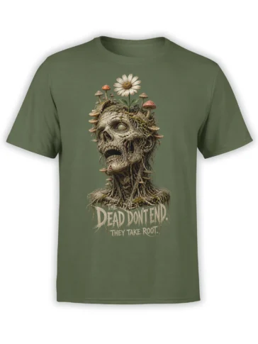 Rooted undead skull with mushrooms and a daisy on a green graphic T-shirt