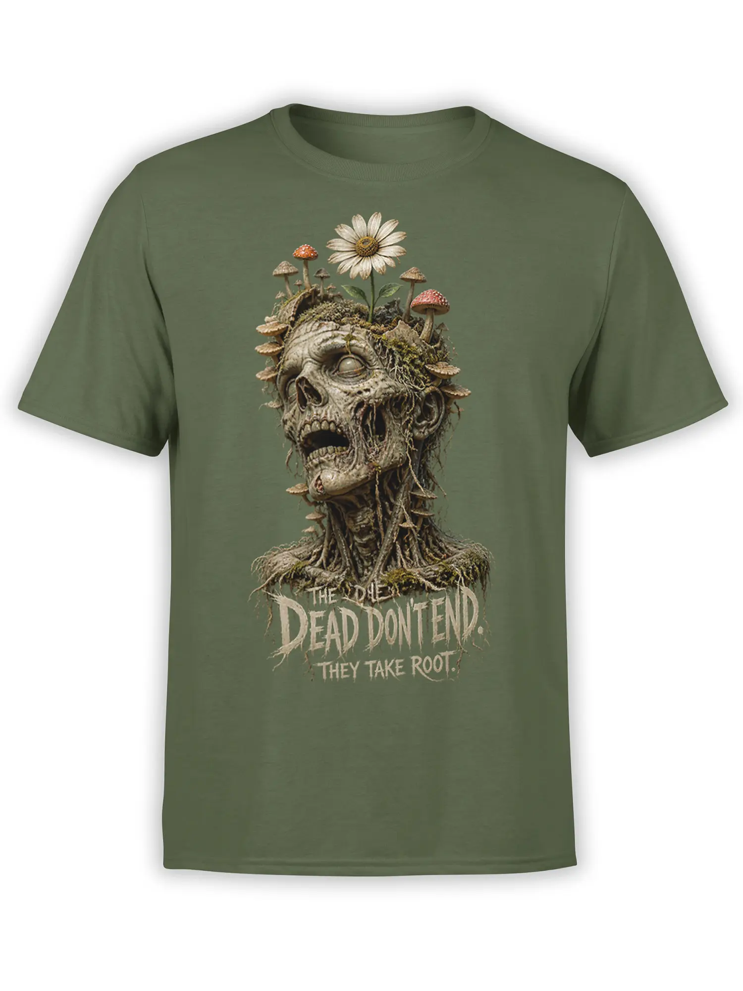 Rooted undead skull with mushrooms and a daisy on a green graphic T-shirt