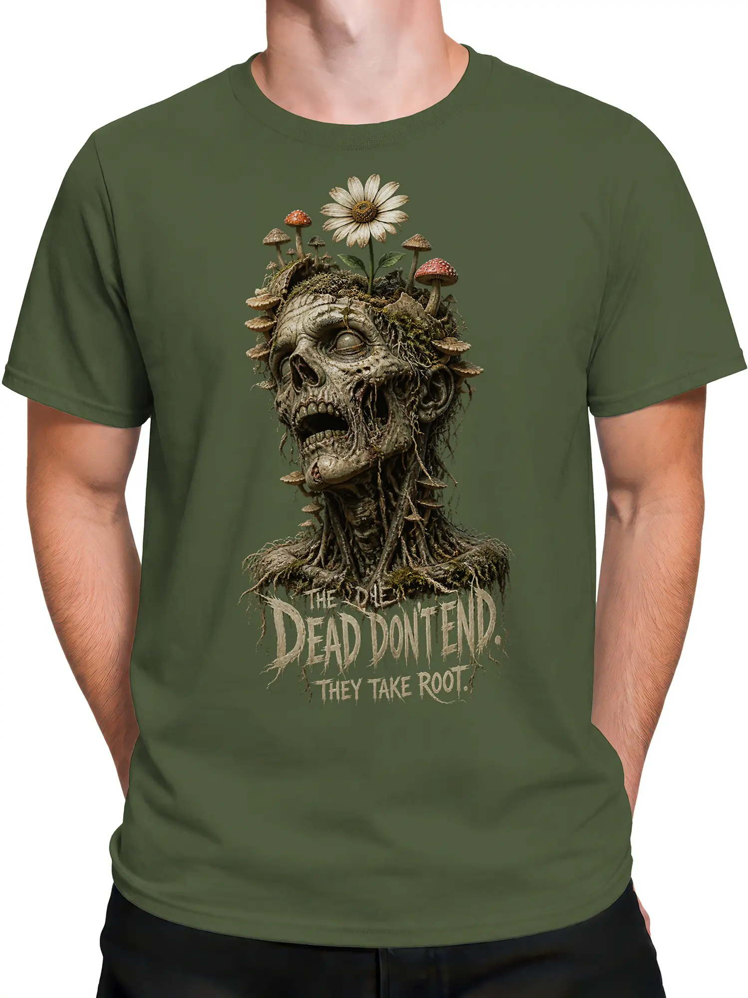 Male torso wearing a green rooted skull graphic T-shirt with mushrooms