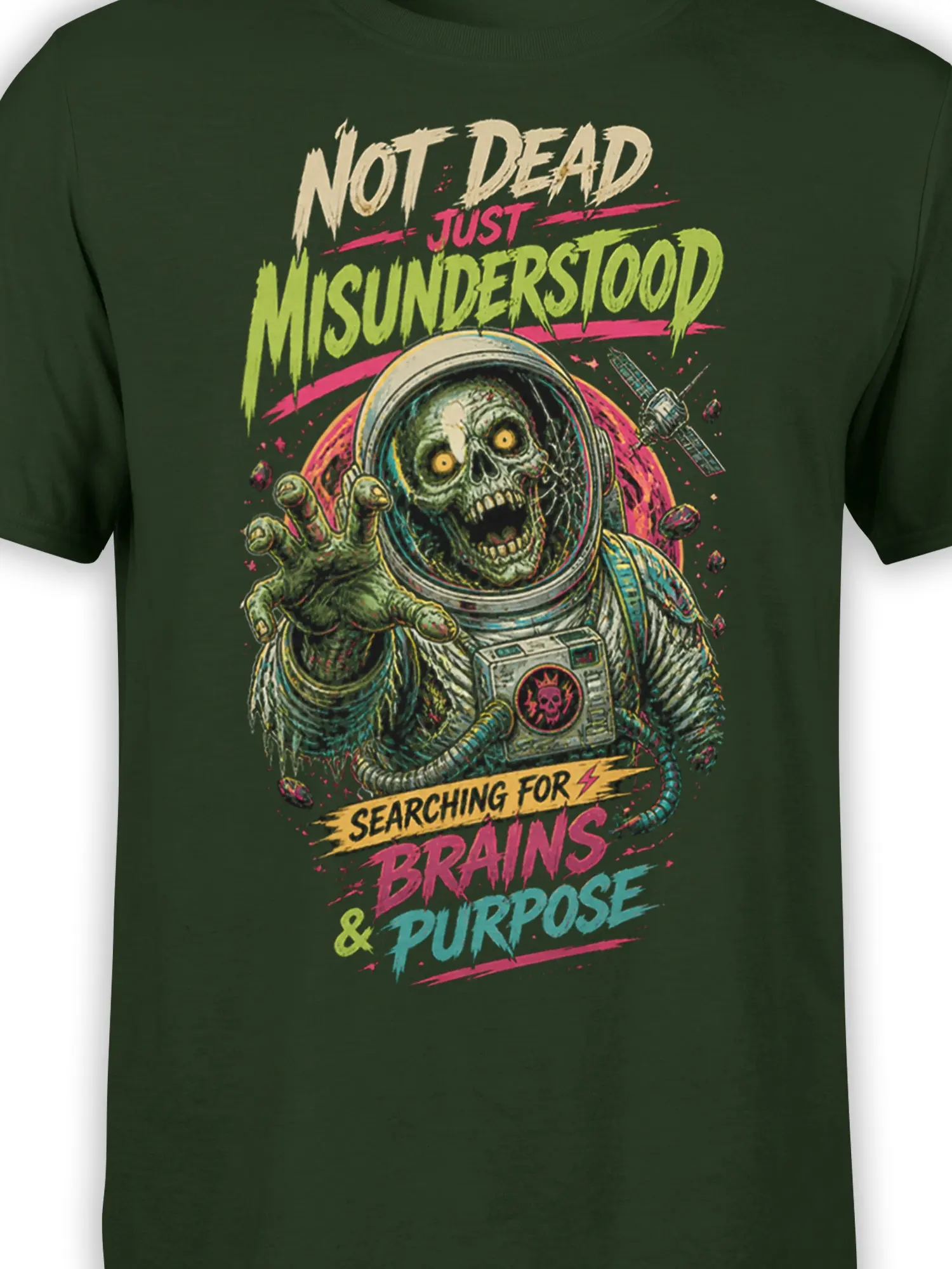Close-up of zombie astronaut artwork and Searching for Brains and Purpose text on green fabric