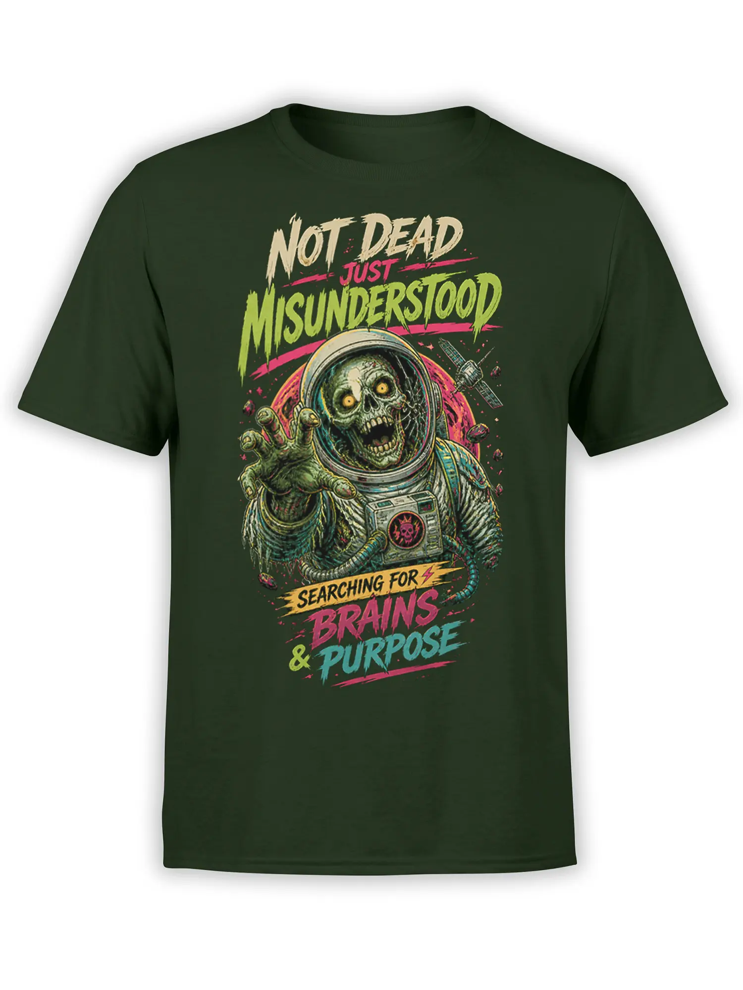 Green T-shirt with a zombie astronaut reaching forward under the words Not Dead Just Misunderstood