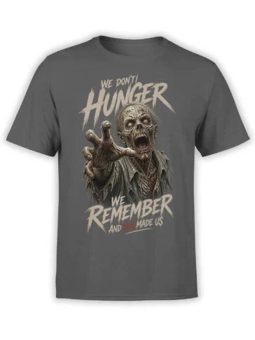 Gray zombie T-shirt with a reaching undead figure and distressed “We Remember” horror lettering