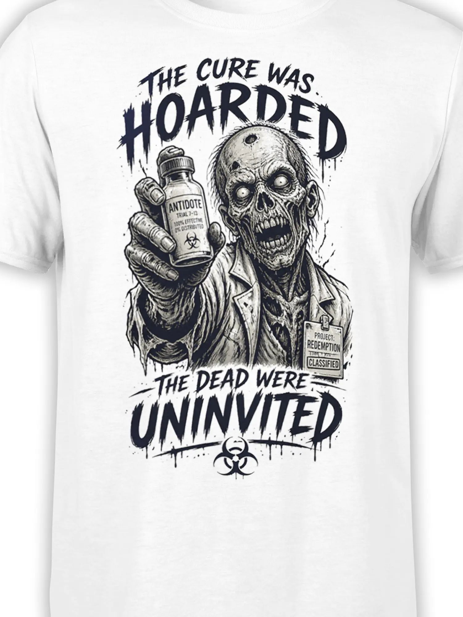 Close-up of zombie scientist artwork on a white shirt with antidote bottle and classified redemption badge
