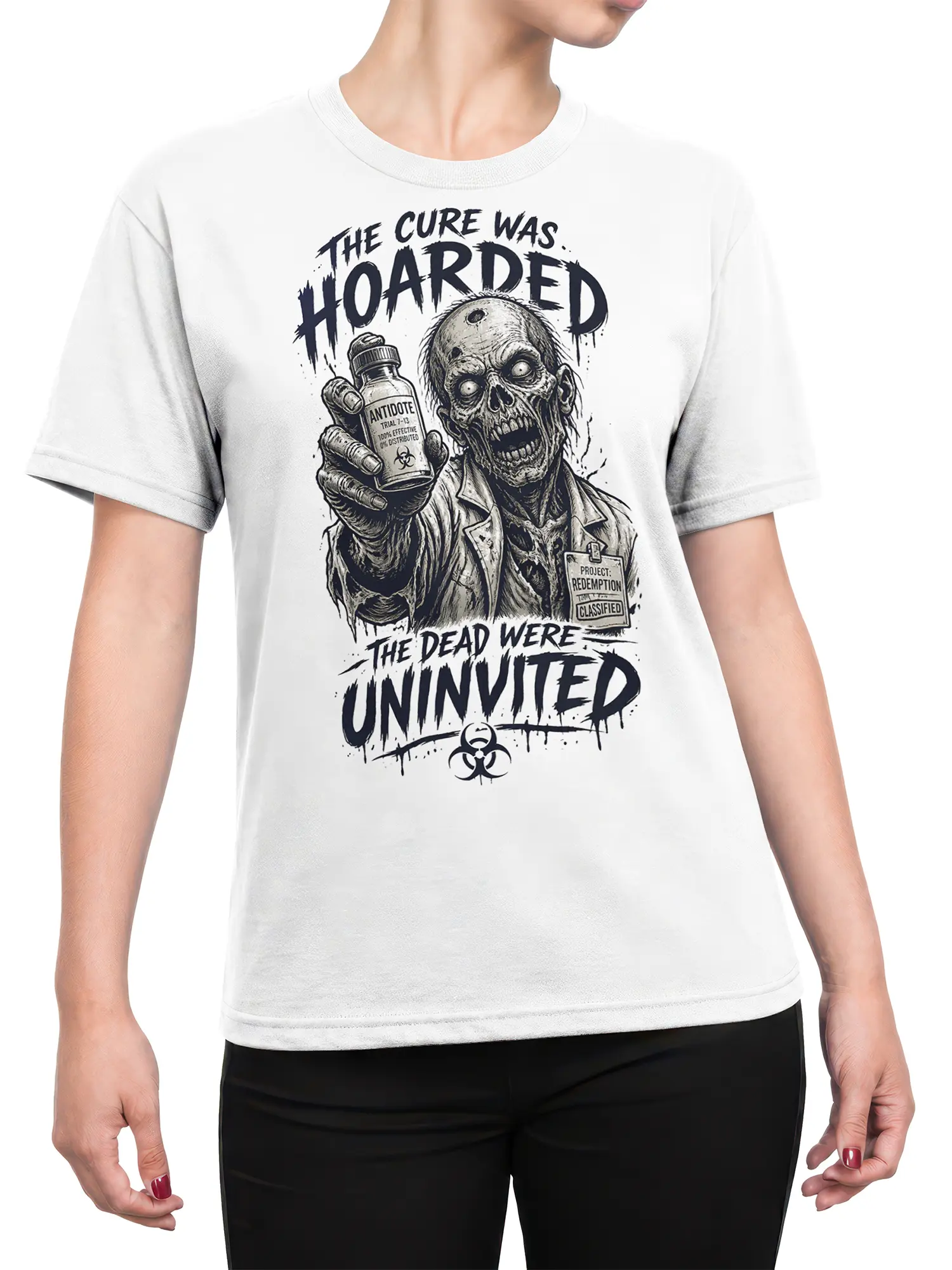 Female torso wearing a white zombie scientist T-shirt with dark antidote and undead artwork