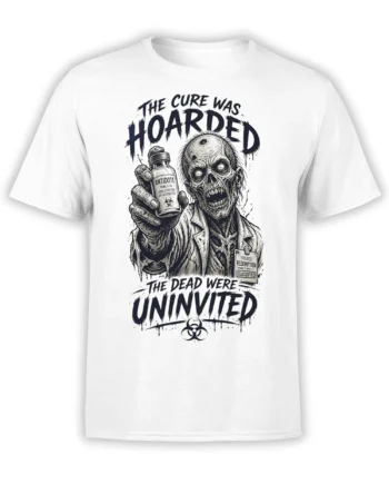 White zombie scientist T-shirt with antidote bottle, biohazard symbol, and “The Dead Were Uninvited” lettering