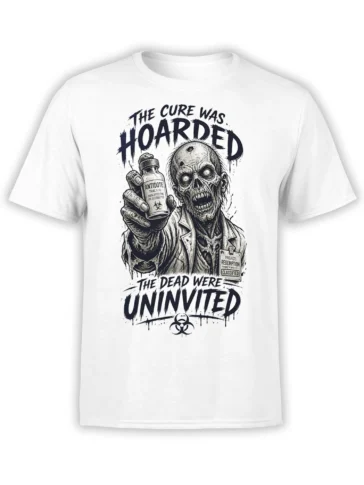 White zombie scientist T-shirt with antidote bottle, biohazard symbol, and “The Dead Were Uninvited” lettering
