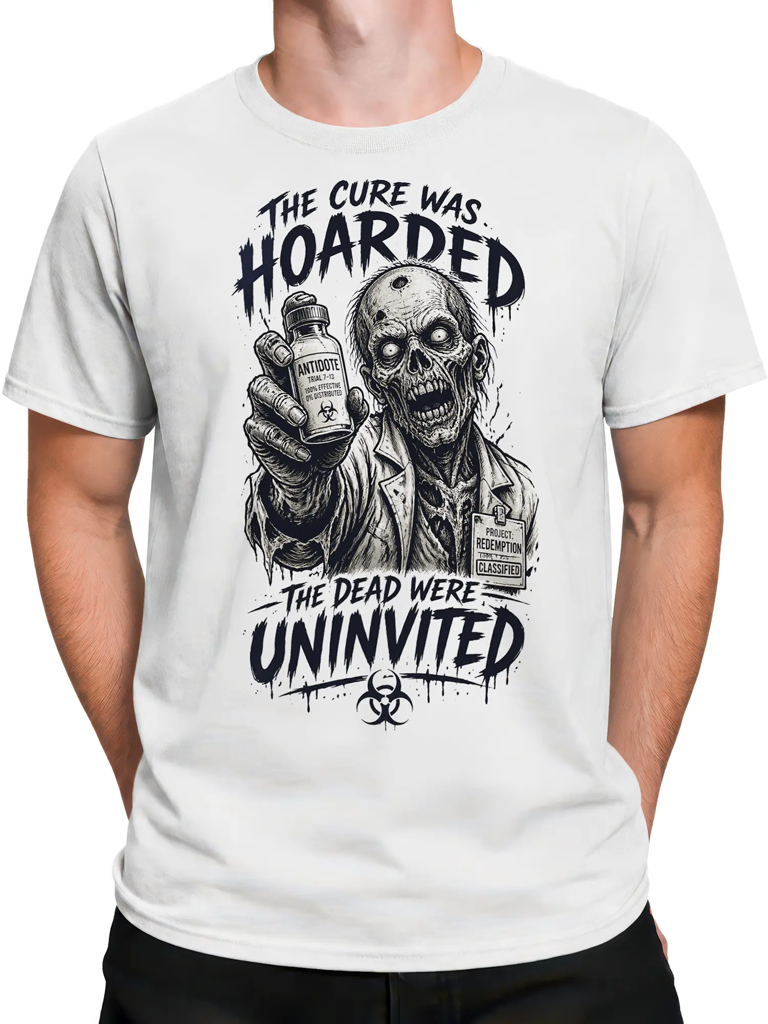 Male torso wearing a white zombie scientist T-shirt with black horror lettering and laboratory artwork