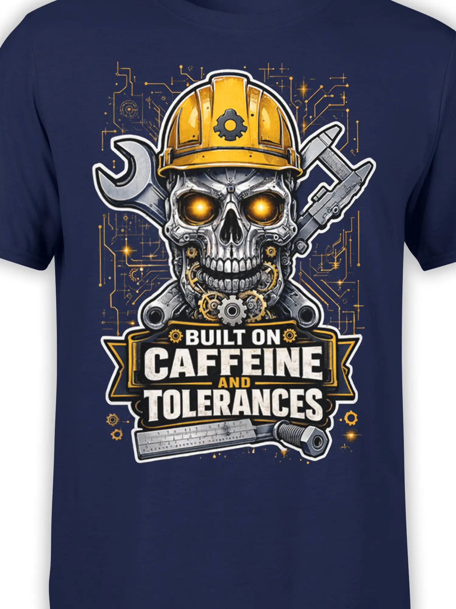 Close-up of mechanical skull, hard hat, tools, gears, and “Built on Caffeine” artwork on a navy shirt