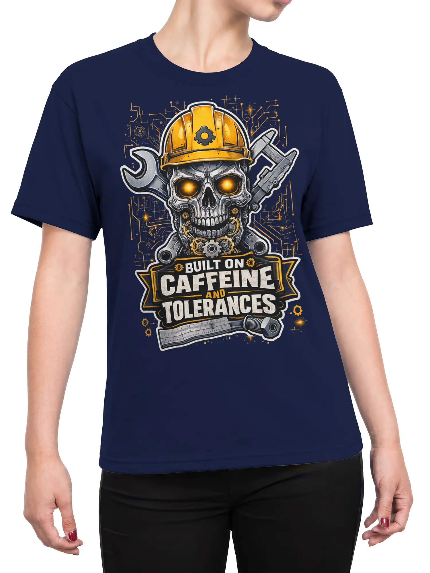 Female torso wearing a navy T-shirt with cybernetic skull, hard hat, tools, and caffeine graphic