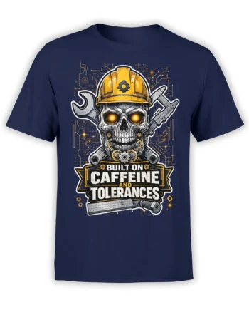 Cybernetic skull coffee design with yellow hard hat, tools, and caffeine slogan on a navy T-shirt