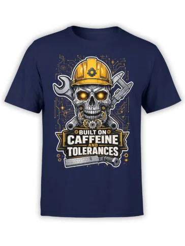 Cybernetic skull coffee design with yellow hard hat, tools, and caffeine slogan on a navy T-shirt