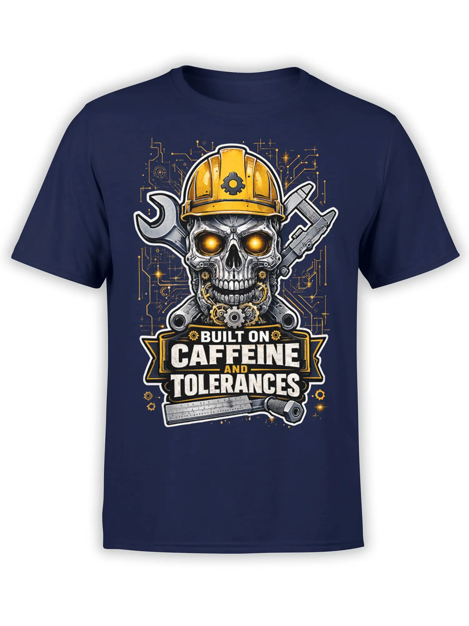 Cybernetic skull coffee design with yellow hard hat, tools, and caffeine slogan on a navy T-shirt