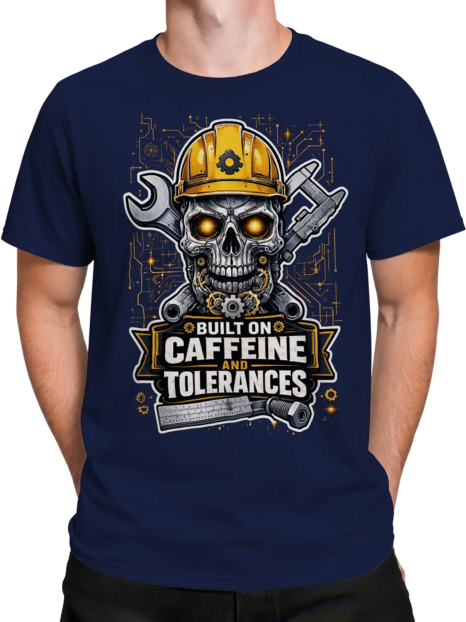 Male torso wearing navy coffee T-shirt with mechanical skull, hard hat, tools, and industrial slogan