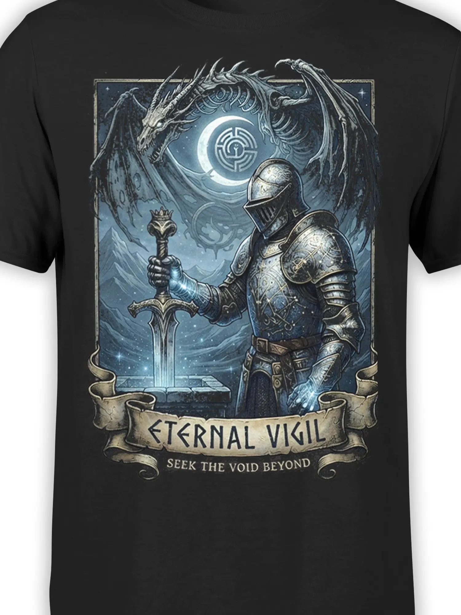 Close-up of the Eternal Vigil knight and dragon fantasy design on a black T-shirt
