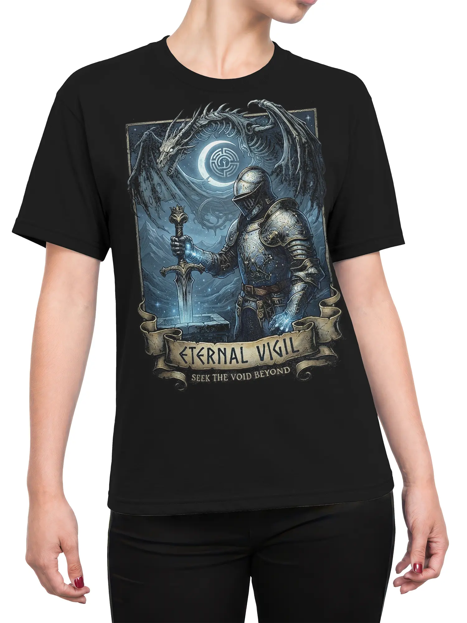 Female torso wearing a black T-shirt with Eternal Vigil knight and dragon artwork