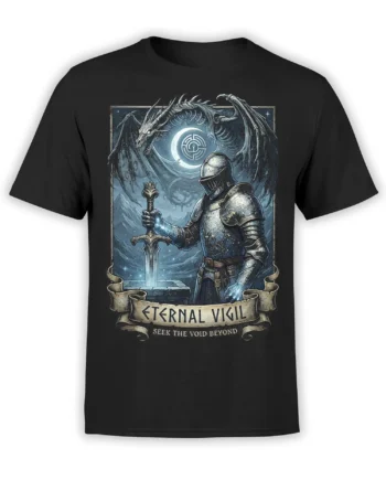 Black T-shirt with an armored knight, dragon, crescent moon, and Eternal Vigil fantasy artwork