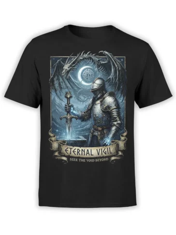 Black T-shirt with an armored knight, dragon, crescent moon, and Eternal Vigil fantasy artwork