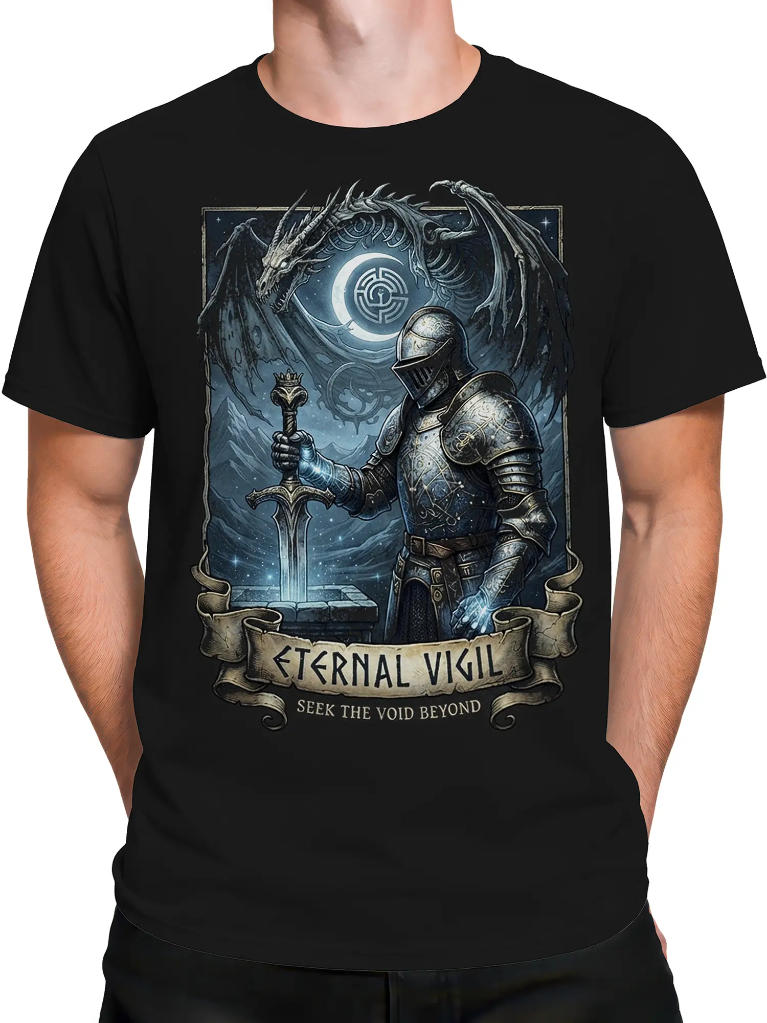 Male torso wearing a black dragon and knight fantasy graphic T-shirt