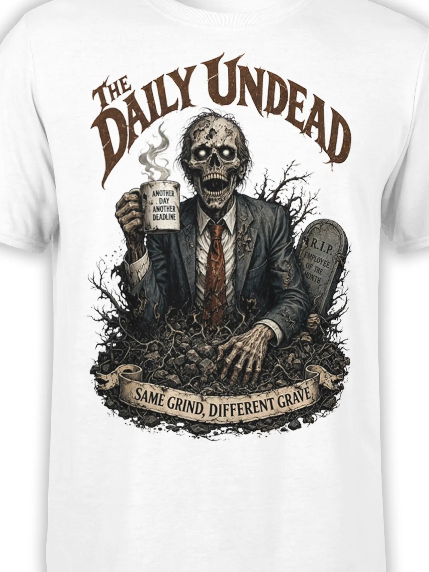 Close-up of white zombie T-shirt design with “The Daily Undead” and deadline-themed artwork