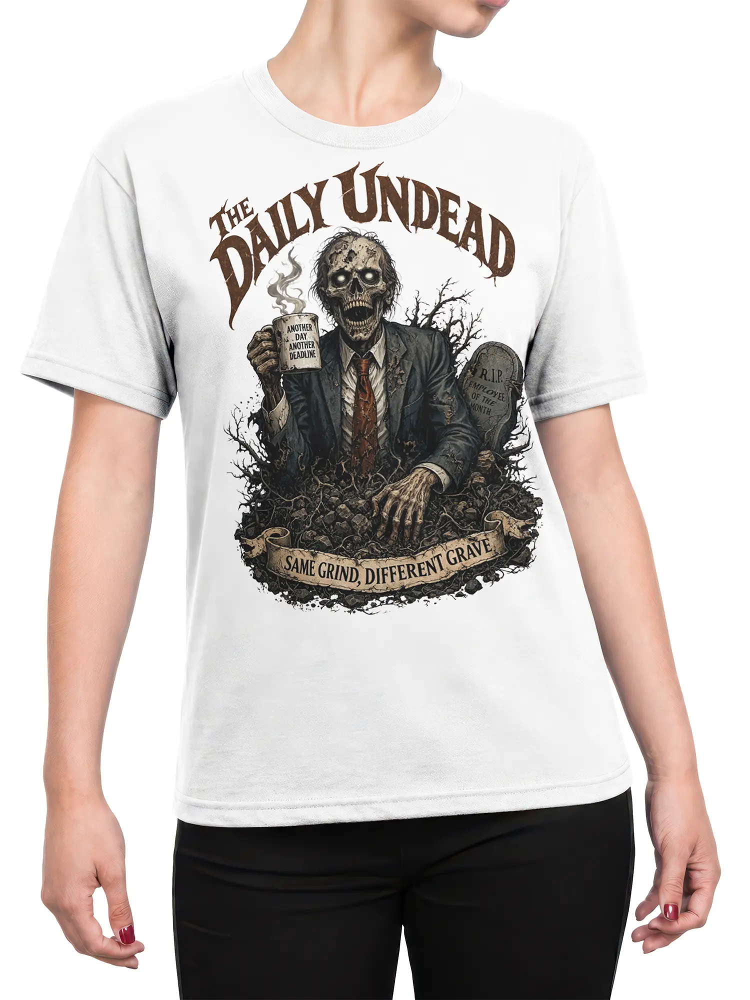 Female torso wearing a white zombie T-shirt with a suited undead worker and graveyard artwork