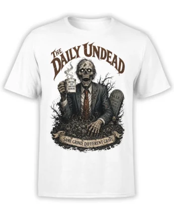 White zombie office worker T-shirt with coffee mug, graveyard scene, and “Same Grind, Different Grave” text