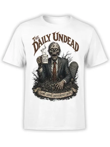 White zombie office worker T-shirt with coffee mug, graveyard scene, and “Same Grind, Different Grave” text