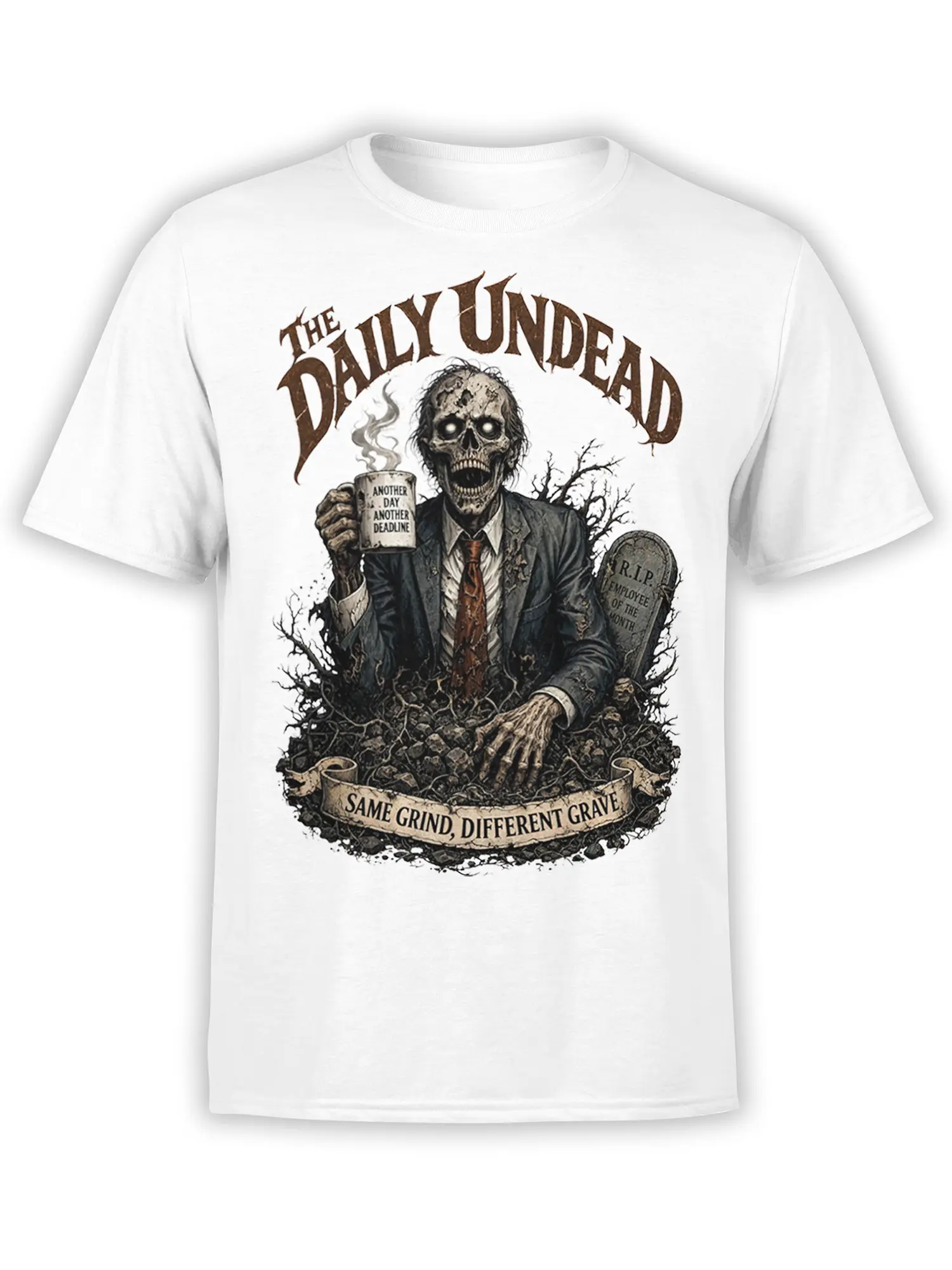 White zombie office worker T-shirt with coffee mug, graveyard scene, and “Same Grind, Different Grave” text