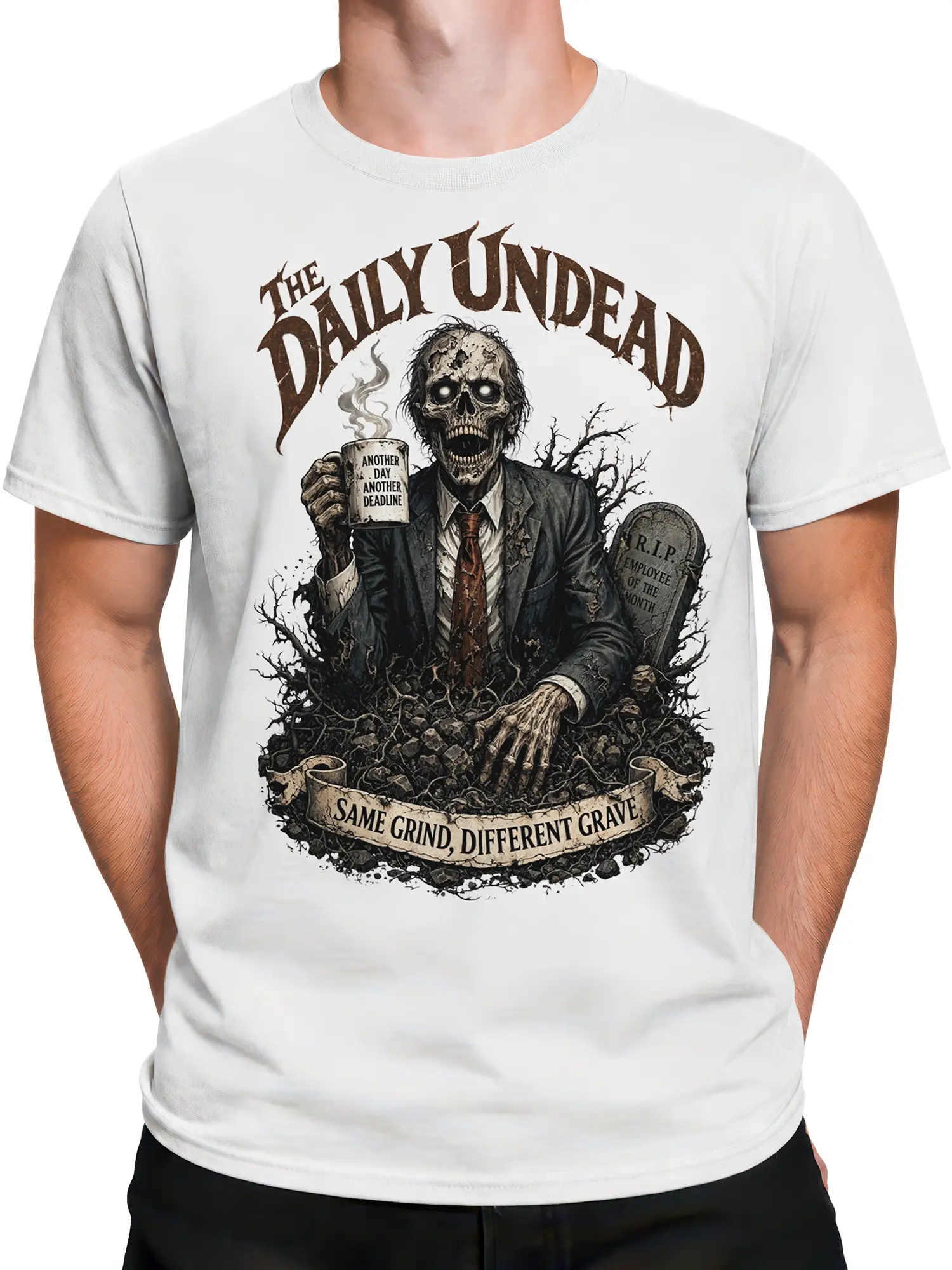 Male torso wearing a white zombie T-shirt with coffee, deadlines, and graveyard humor