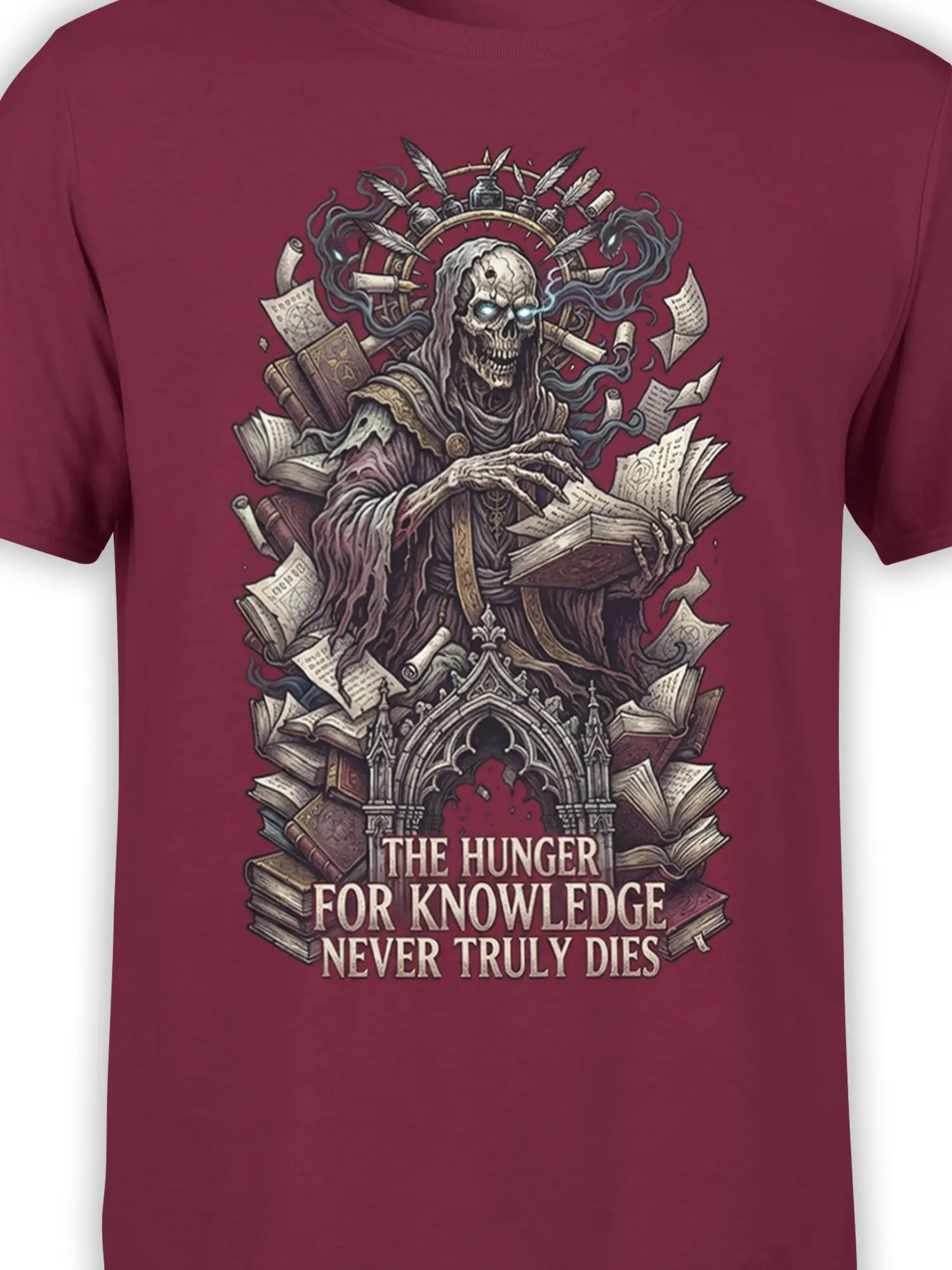 Close-up of hooded skull scholar, open books, quills, and knowledge quote on burgundy fabric