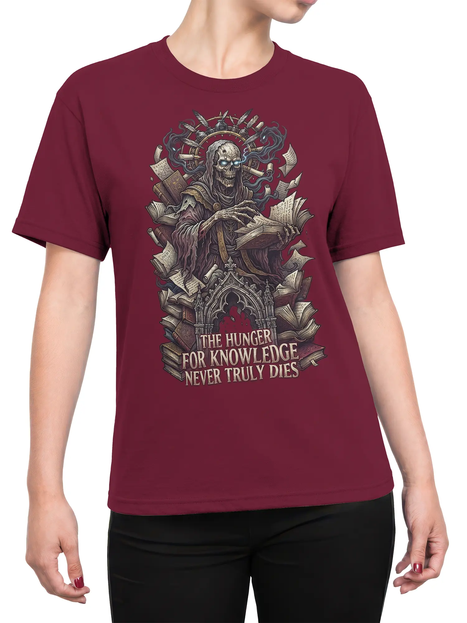Female torso wearing a burgundy skull scholar T-shirt with books and gothic knowledge artwork