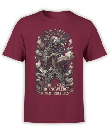 Hooded skeletal scholar with books and knowledge quote printed on a burgundy graphic T-shirt