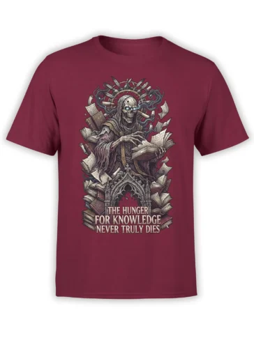 Hooded skeletal scholar with books and knowledge quote printed on a burgundy graphic T-shirt