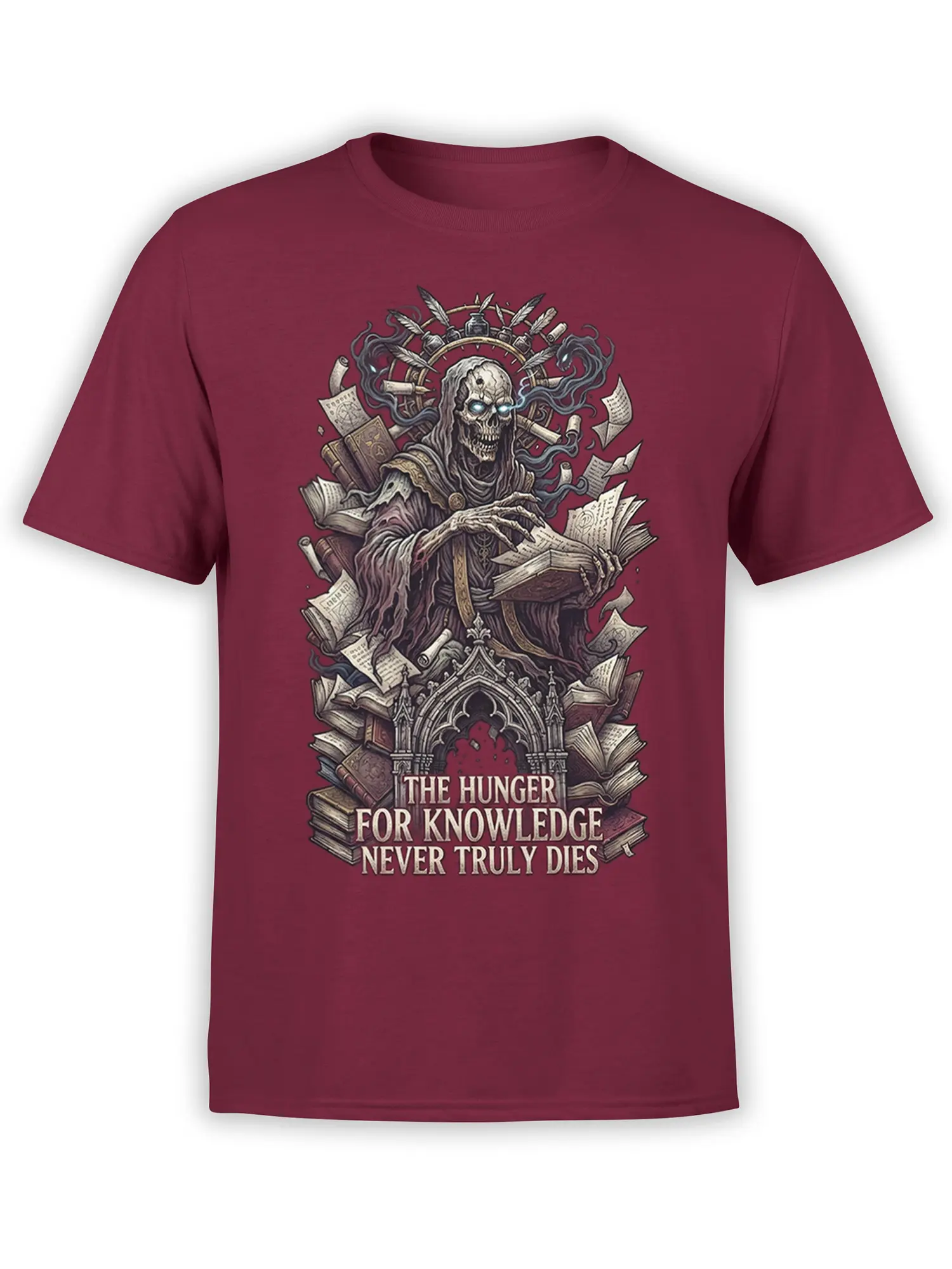 Hooded skeletal scholar with books and knowledge quote printed on a burgundy graphic T-shirt