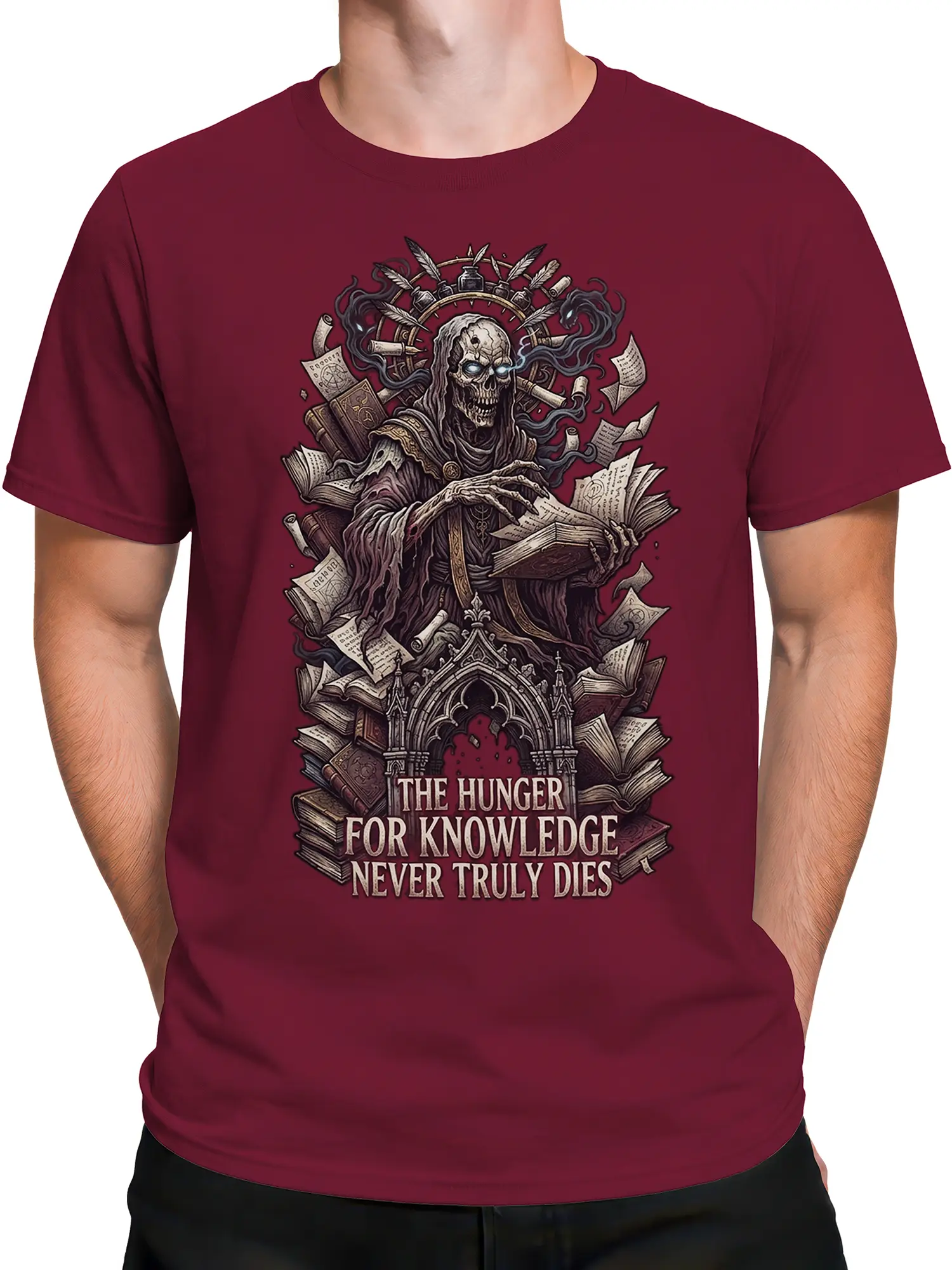 Male torso wearing a burgundy knowledge quote T-shirt with a hooded skull and books