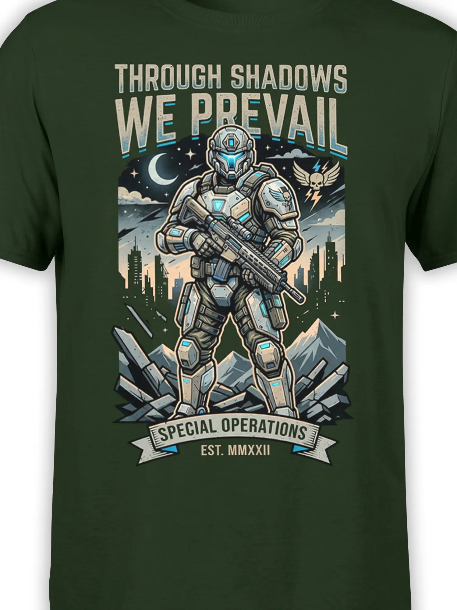 Close-up of armored sci-fi soldier artwork with rifle, winged skull, lightning bolt, and special operations banner