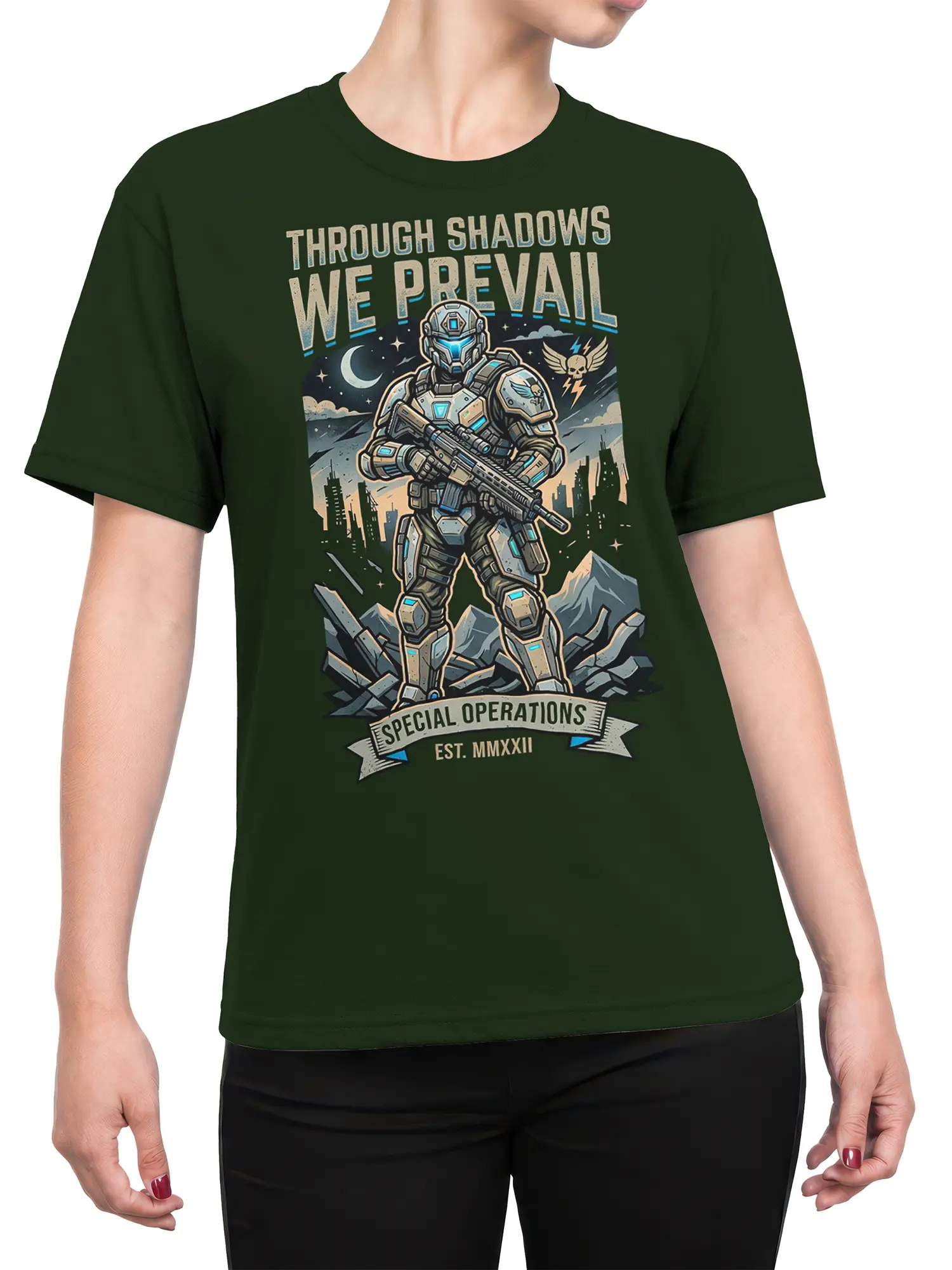 Female torso wearing forest green T-shirt with futuristic soldier and moonlit special operations graphic