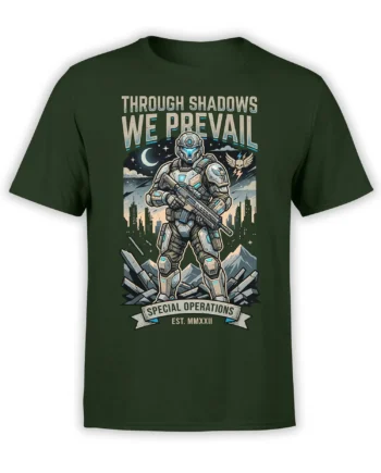 Forest green T-shirt with futuristic armored soldier, rifle, moonlit city, mountains, and special operations artwork
