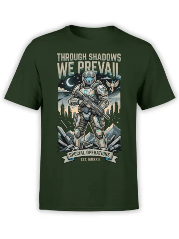 Forest green T-shirt with futuristic armored soldier, rifle, moonlit city, mountains, and special operations artwork
