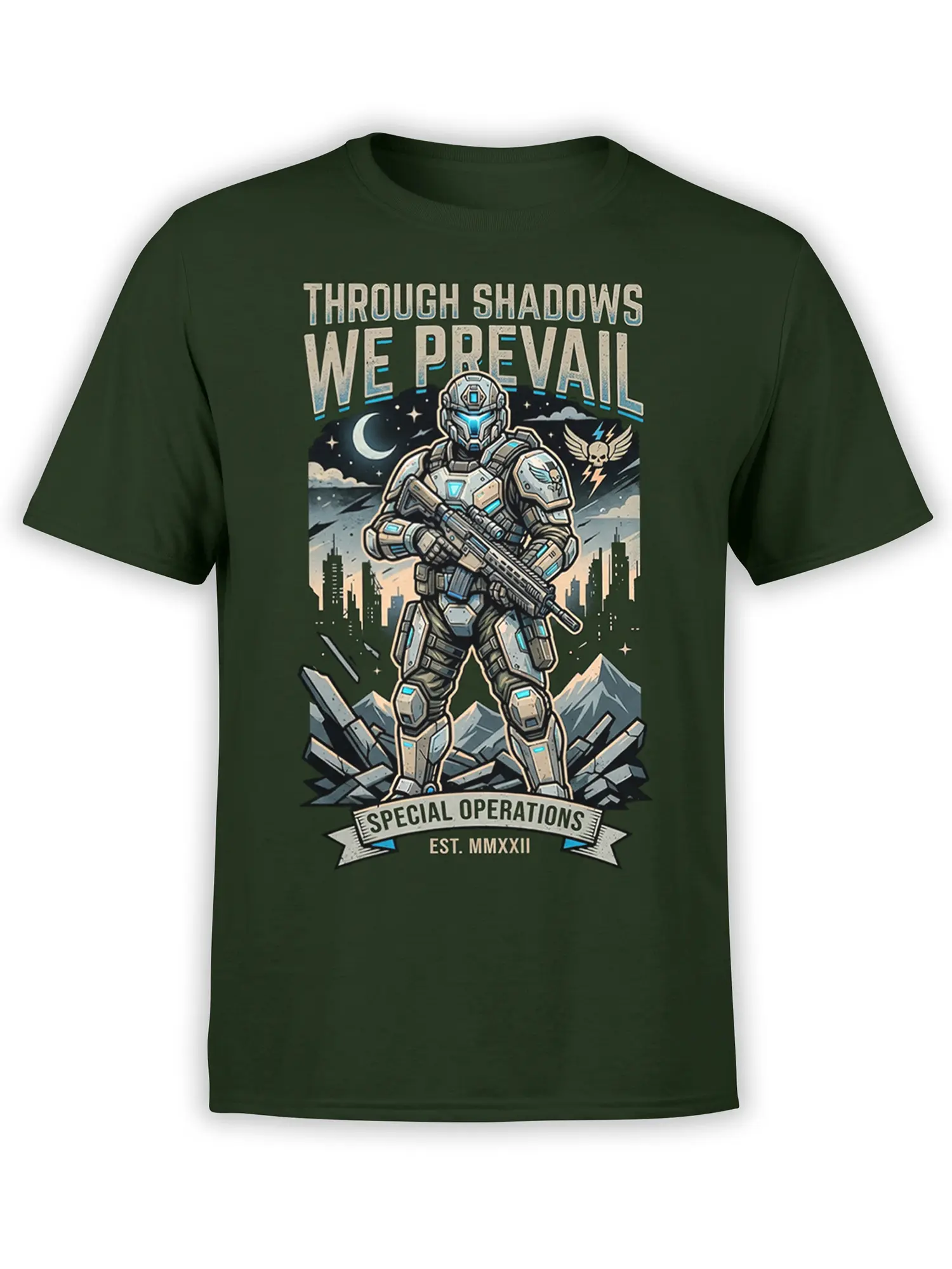Forest green T-shirt with futuristic armored soldier, rifle, moonlit city, mountains, and special operations artwork